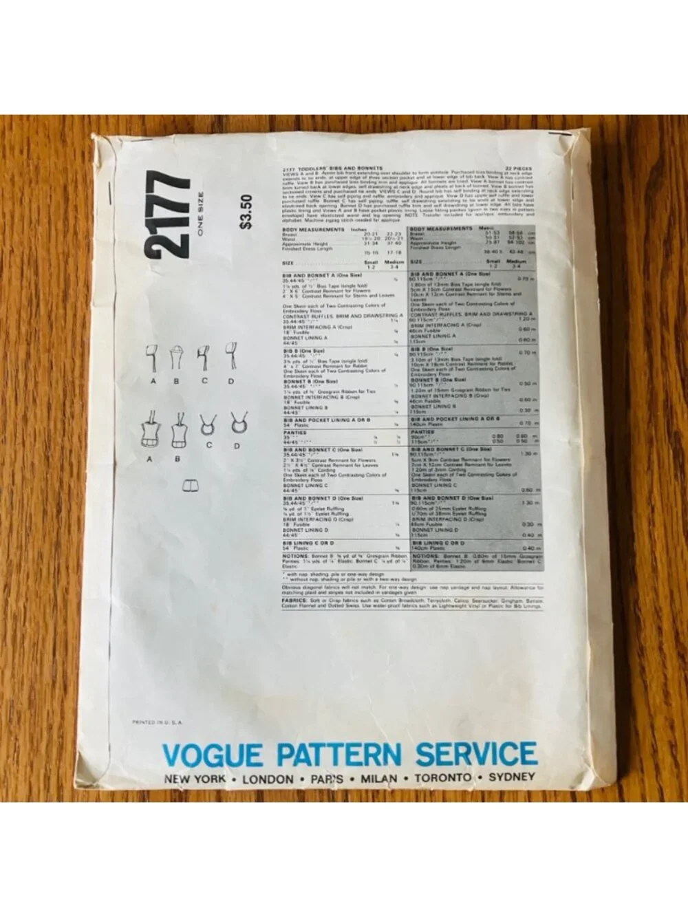Little Vogue 2177 1980s Toddlers Bibs and Bonnets Sewing Pattern Size 1-4 CC